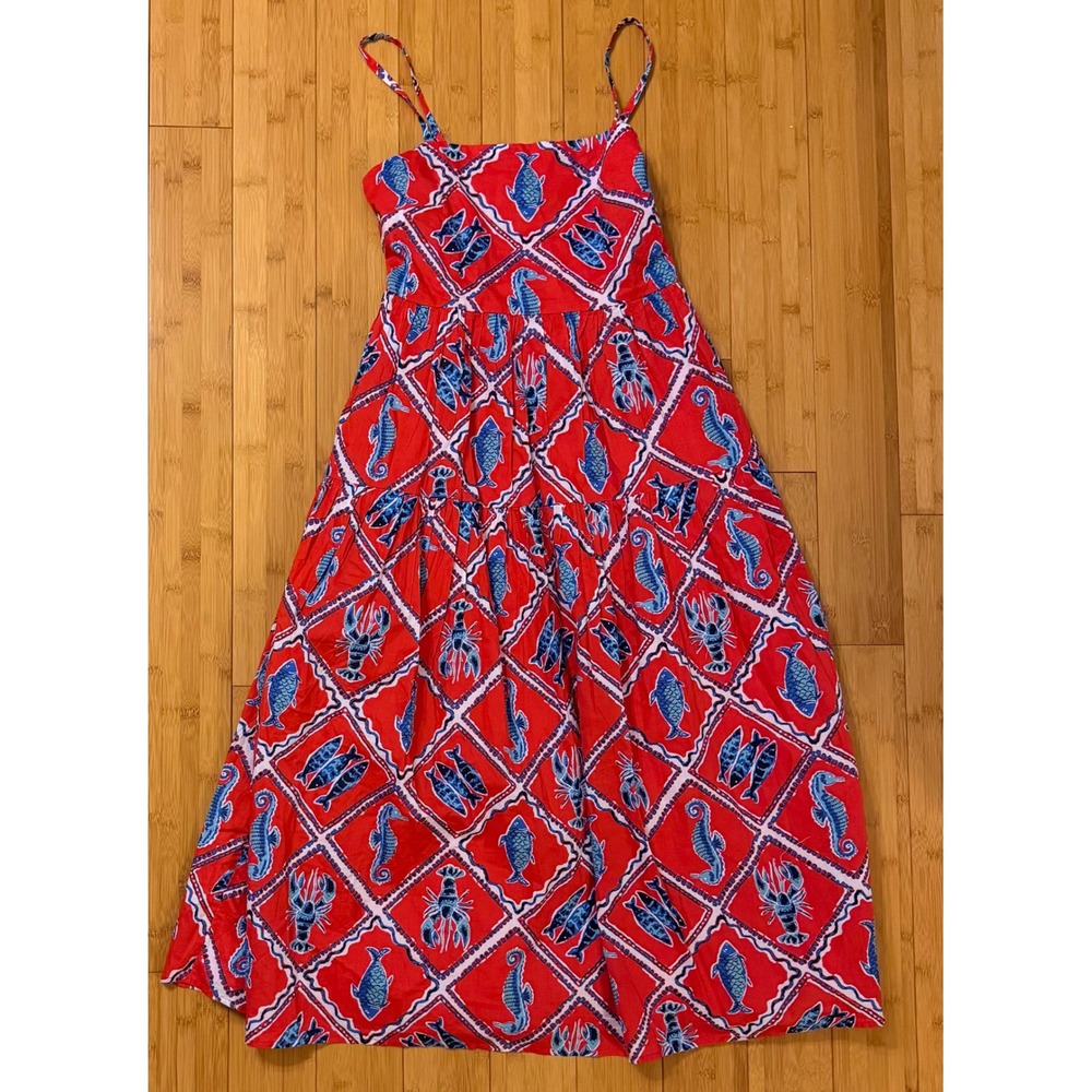 J.Crew Red Blue Lobster Seahorse Nautical Block Print Tiered Maxi Dress 2 CK724